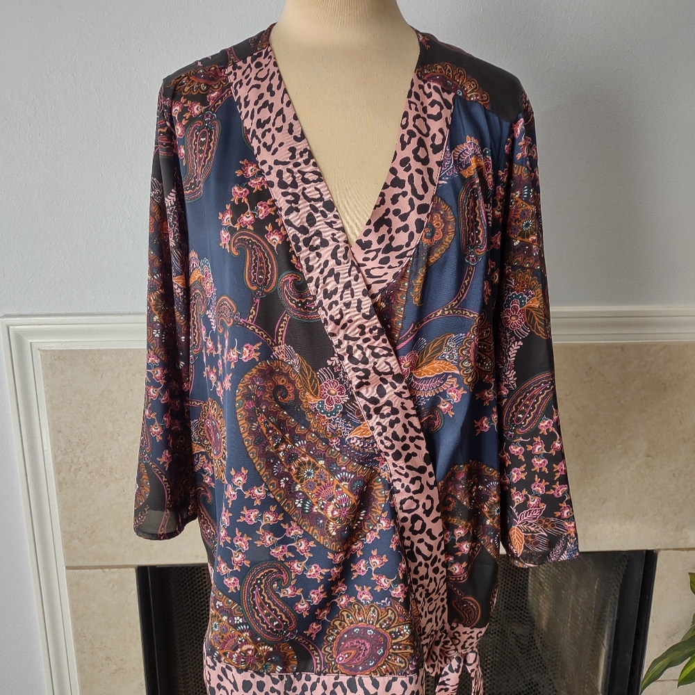 Multi print Plus Size blouse with tie at hip 2X
